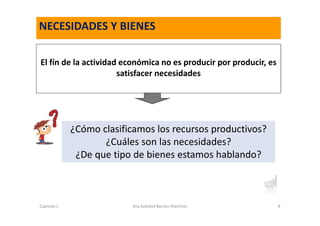El fín de la actividad económica no es producir por producir, es
satisfacer necesidades
NECESIDADES Y BIENES
Capítulo 1 Dra.Soledad Barrios Martínez 8
¿Cómo clasificamos los recursos productivos?
¿Cuáles son las necesidades?
¿De que tipo de bienes estamos hablando?
 