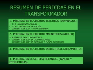 RESUMEN DE PERDIDAS EN EL
TRANSFORMADOR
1.- PERDIDAS EN EL CIRCUITO ELECTRICO (DEVANADOS)
• I 2 R – CORRIENTE DE CARGA
• I 2 R – CORRIENTE DE EXCITACIÓN.
• CORRIENTES DE EDDY – FLUJOS DISPERSOS
2.- PERDIDAS EN EL CIRCUITO MAGNETICOS (NUCLEO)
• HISTERESIS EN LAS LAMINACIONES
• CORRIENTES DE EDDY EN LAS LAMINACIONES
• CORRIENTES DE EDDY EN TORNILLOS Y PLACAS DE SUJECION.
3.- PERDIDAS EN EL CIRCUITO DIELECTRICO. (AISLAMIENTO)
4.- PERDIDAS EN EL SISTEMA MECANICO. (TANQUE Y
ESTRUCTURAS)
 