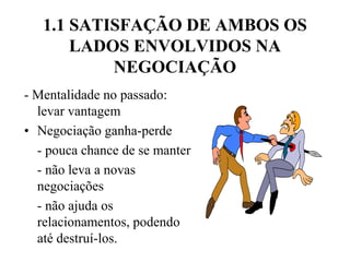 1.1 SATISFAÇÃO DE AMBOS OS LADOS ENVOLVIDOS NA NEGOCIAÇÃO- Mentalidade no passado: levar vantagemNegociação ganha-perde	- pouca chance de se manter	- não leva a novas negociações	- não ajuda os relacionamentos, podendo até destruí-los.