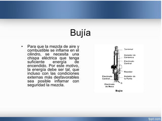 Bujía
• Para que la mezcla de aire y
combustible se inflame en el
cilindro, se necesita una
chispa eléctrica que tenga
suficiente energía de
encendido. Por este motivo,
la energía debe ser tal, que
incluso con las condiciones
externas más desfavorables
sea posible inflamar con
seguridad la mezcla.
 