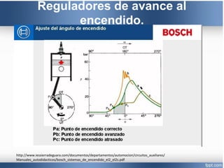 Reguladores de avance al
encendido.
http://www.iessierradeguara.com/documentos/departamentos/automocion/circuitos_auxiliares/
Manuales_autodidacticos/bosch_sistemas_de_encendido_el2_el2s.pdf
 