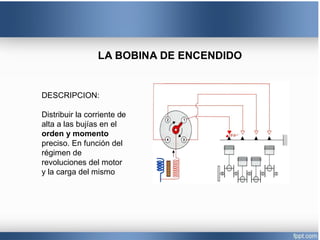 LA BOBINA DE ENCENDIDO
DESCRIPCION:
Distribuir la corriente de
alta a las bujías en el
orden y momento
preciso. En función del
régimen de
revoluciones del motor
y la carga del mismo
 