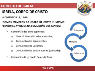 CONCEITO DE IGREJA
RCC GOIÁS
IGREJA, CORPO DE CRISTO
I CORÍNTIOS 12, 12-30
SOMOS MEMBROS DO CORPO DE CRISTO E, MESMO
PECADORES, VIVEMOS NA COMUNHÃO DOS SANTOS:
 Comunhão dos bens espirituais:
a) Uma só fé recebida dos apóstolos;
b) Comunhão dos Sacramentos;
c) Comunhão dos Carismas;
d) Comunhão dos bens materiais (caridade);
 Comunhão da Igreja do Céu e da Terra.
 