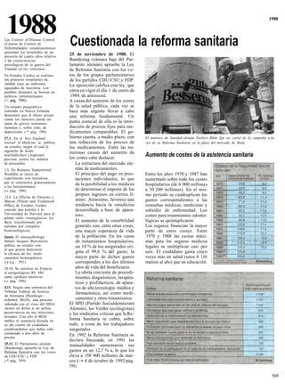 1988
Los Centers of Disease Control
(Centros de Control de             Cuestionada la reforma sanitaria
                                                                                                                                                   1988




Enfermedades) estadounidenses
presentan los resultados de un
proyecto de cuatro años relativo
                                   25 de noviembre de 1988. El
a las consecuencias                Bundestag (cámara baja del Par-
psicológicas de la guerra del      lamento alemán) aprueba la Ley
Vietnam en los veteranos.          de Reforma Sanitaria con los vo-
En Estados Unidos se realizan      tos de los grupos parlamentarios
los primeros trasplantes de        de los partidos CDU/CSU y FDP.
médula ósea en enfermos            La oposición califica esta ley, que
aquejados de leucemia. Los
posibles donantes se buscan en     entra en vigor el día 1 de enero de
archivos informatizados             1989, de antisocial.
t> pág. 590).                      A causa del aumento de los costes
Un estudio psiquiátrico            de la salud pública, cada vez se
realizado en Nueva Zelanda         hace más urgente llevar a cabo
demuestra que el abuso sexual      una reforma fundamental. Un
contra los menores puede ser
causa de graves trastornos         punto esencial de ella es la intro-
mentales y, sobre todo, de         ducción de precios fijos para me-
depresiones (-* pág. 590).         dicamentos comparables. El go-
27.1. En el New England            bierno cuenta, a medio plazo, con      El ministro de Sanidad alemán Norbert Blüm fija un cartel de la campaña a fa-
Journal of Medicine se publica     una reducción de los precios de        vor de su Reforma Sanitaria en la plaza del mercado de Bonn.
un estudio, según el cual la       los medicamentos. Entre las nu-
ingestión de ácido                 merosas causas del aumento de
acetilsalicílico (Aspirina)
                                   los costes cabe destacar:
                                                                          Aumento de costes de la asistencia sanitaria
previene contra los infartos
de miocardio.                         La estructura del mercado ale-
1.3. En Renania Septentrinal/         mán de medicamentos.
Westfalia se inicia un                El principio del pago en pres-      Entre los años 1970 y 1987 han
experimento con metadona,             taciones individuales, lo que       aumentado sobre todo los costes
que se suministra gratuitamente       da la posibilidad a los médicos
a los heroinómanos
                                                                          hospitalarios (de 6 000 millones
(-» pág. 590).                        de determinar el importe de los     a 39 200 millones). En el mis-
                                       propios ingresos en ciertos lí-    mo período se cuadruplican los
12.4. La Oficina de Patentes y
Marcas (Patent and Trademark           mites. Asimismo, favorece una      gastos correspondientes a las
Office) de Estados Unidos              tendencia hacia la «medicina       consultas médicas, medicinas y
concede una patente a la              desarrollada a base de apara-       subsidio de enfermedad. Los
Universidad de Harvard para el        tos».                               costes para tratamientos odonto-
primer ratón «transgénico» (es
decir, transformado por               El aumento de la «morbilidad        lógicos se quintuplicaron.
métodos por completo                  general» con, entre otras cosas,    Los seguros financian la mayor
biotecnológicos).                     una mayor esperanza de vida         parte de estos costes. Entre
Junio. El inmunobiólogo               de la población. En los casos       1970 y 1988 las cuotas máxi-
francés Jacques Benveniste             de tratamientos hospitalarios,     mas para los seguros médicos
publica un estudio con                 un 10 % de los asegurados ori-     legales se multiplican casi por
el que quiere demostrar
la eficacia de los medi-               gina el 99,6 % del gasto; la       seis. El ciudadano gasta cinco
camentos homeopáticos                 mayor parte de dichos gastos        veces más en salud (unos 4 116
e p á g . 591)                        corresponden a los dos últimos      marcos al año) que en educación.
28.10. Se autoriza en Francia         años de vida del beneficiario.
el antigestágeno RU 486               La oferta creciente de procedi-
como «pildora abortiva»               mientos diagnósticos, terapéu-
(-» pág. 590).                        ticos y profilácticos, de apara-
4.11. Según una sentencia del         tos de alta tecnología médica y
Tribunal Federal de Justicia           farmacéutica, así como medi-
de Alemania (Bundesge-
richtshof, BGH), una persona           camentos y otros tratamientos.
infectada con el virus del SIDA    El SPD (Partido Socialdemócrata
incurre en delito si no utiliza    Alemán), los Verdes (ecologistas)
preservativos en sus relaciones    y los sindicatos critican que la Re-
sexuales. Con ello el BGH
ratifica la sentencia dictada en   forma Sanitaria se cubra, sobre
su día contra un ciudadano         todo, a costa de los trabajadores
estadounidense que había sido      asegurados.
condenado a dos años de            En 1992 la Reforma Sanitaria se
prisión.
                                   declara fracasada: en 1991 las
25.11. El Parlamento alemán        mutualidades aumentaron sus
(Bundestag) aprueba la Ley de
Reforma Sanitaria con los votos    gastos en un 12,7 % a, lo que los
de CDU/CSU y FDP                   eleva a 158 900 millones de mar-
(-* pág. 589).                     cos (—• 4 de octubre de 1992/pág.
                                   598).

                                                                                                                                                     589
 