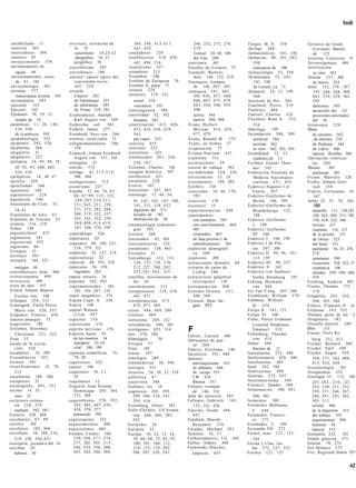 Indi


entablillado 11                 escritura, invención de                389, 398, 4 1 5 , 4 1 7 ,          246, 252, 272, 276,         Fargas, M. A. 356             Ferrariis de Gradi,
 enteritis 365                      la 16                              4 4 1 , 455                        279                          faringe 2 6 8                   Giovanni Matteo
enterradores 204                    cuneiforme 18,23,32             estafadores    239                    Central 24, 68, 104         farmacéuticos 101, 181           de 125
enuresis 85                         ideográfica 18, 23              estafilococos 318, 420,               del Este 200                farmacias 48, 101, 2 0 2 ,    Ferreira, Cristovao lf
envejecimiento 576                 jeroglífica 18                      442, 494, 516                   eurritmia       401                598                       ferrooxigenasa 406
envenenadores de                escrofulismo 395                    estalinismo 537                    Eusebio de Cesárea 57              ordenanza de 100          fertilización
   aguas 49                     escrofulosis          100           estambres 213                      Eustachi, Bartolo-             farmacología 5 3 , 258            in vitro 562
envenenamiento, casos            escroto^ cáncer típico del         Estambul 106                          meo 146, 152, 210            farmacopea 72, 101,          férulas 217, 366
   de 9 1 , 183                     (carcinoma escro-               Esteban de Zaragoza 76             Eustaquio, trompas                 181, 198                     de hierro 234
environtología 581                  tal) 226                        Esteban II, papa 71                   de 146, 2 0 3 , 303             de Lorsch, La 71          fetos 152, 178, 187,
enzimas 577                     escuela                             estenia 2 2 8                      eutanasia 3 4 1 , 402,          fármacos 24, 3 3 , 199,          195, 2 6 6 , 308, 309,
   transcriptasa inversa 543       Charcot 292                      estenosis 379, 532                    439, 456, 457, 460,             566                          4 6 3 , 510, 528, 562,
enzimopatía 593                    de Edimburgo 221                    mitral 510                         466, 467, 475, 479,         fascículo de His 364             594
epicanto      513                  de enfermeras 295                   vasculares 555                     4 8 3 , 556, 580, 5 9 3 ,   Fauchard, Pierre 210             deformes 593
Epicuro 162                        de Viena 218, 281                estereognosia 386                     596                         Faulesco 404                     desarrollo del 151
Epidauro 38, 3 9 , 52           Eschenmayer, Adolph                 esterilidad 52, 582                   activa 594                  Fauvell, Charles 324             posiciones anormales
   templo de 52                    Karl August von 249                 humana 582                         pasiva 580, 594             Favaloro, Rene G. 532,           del 56
epidemias 11, 20, 130,          Escherichia coli            561     esterilización 412, 426,           Evans, Herbert                     534                       fetoscopia       528
   310, 550                     Esdaile, James 277                     432, 434, 438, 439,                McLean 4 1 4 , 429,         febrífugo      199            fibras
   de la pobreza 595            Esenbeck, Ness von 266                 565                                4 7 7 , 479                 fecundación 308, 309             de amianto 562
epidemiología 555               esenios, secta judía 31                por vapor 325                   Evans, Ronald M. 575               artificial 584              _ de dentina 210
epidermis 292, 526              esfigmomanómetro 2 8 6 ,            esterina 4 5 5                     Evans, sir Arthur 27               asistida 562                 de Purkinje 364
epidídimo 266                      336                              esternón 225                       evaporación 77                     in vitro 562, 582, 593       de vidrio 506
epigastrio 41                   Esmarch, Johann Friedrich           estetófono    424                  Evipan-Natrium 437             fecundidad 12, 13                ópticas flexibles 584
epigénesis 223                     August von 3 3 1 , 545           estetoscopio 2 6 1 , 336,          exantema 351                       símbolos de 13            fibrilación ventricu-
epilepsia 24, 4 0 , 4 8 , 78,   esmegma 31                             358, 367                        excavaciones 59                Fechner, Gustav Theo-            lar 380
   85, 92, 9 3 , 200, 405,      esnifar 572                         Estienne, Charles 146              exceso de trabajo 592              dor 343                   fibrosis     581
   434, 439                     esófago 6 1 , 3 1 5 , 3 1 8 ,       estigma histérico 307              excitabilidad 228, 228         Federación Alemana de            pulmonar 581
epilépticos 14, 40, 47             380, 504                         estilbestrol 451                   excrecencias 15, 18                Médicos Nacionalso-       Ficino, Marsilio 128
epitelio 289                    esofagoscopio 315                   estímulos 2 2 8                    excrementos 198, 203              cialistas 4 5 1 , 454      Fichte, Johann Gott-
epiteliomas 346                 esoterismo 227                      Estiria 165                        Exlibris 136                   Federico Augusto I el            lieb 2 5 8
equimosis 164                   España 12, 66, 76, 8 1 ,            Estocolmo 347, 483                 exorcismo 16, 46, 170,            Fuerte 207                 Fidelis, Fortunatus 16
equinococos 224                    82, 8 7 , 9 9 , 115, 152,        estómago 17, 44, 54,                  592                         Federico Guillermo de             167
equitación      540                 199,207,210,211,                     91, 142, 145, 147, 180,       exorcista 170                     Berlín 186, 199            fiebre 25, 55, 74, 143,
Erasístrato de Ceos 35,            2 3 1 , 2 4 5 , 2 5 1 , 258,          191, 315, 318, 432            exostosis 15                   Federico Guillermo de            188
   36,41                           2 7 1 , 272, 282, 286,                digestión del 271             experimentación 249               Brandeburgo 122,                amarilla 111, 130,242
Erasístrato de Julis 43            304, 319, 332, 337,                   lavados de 182                experimentos                       188                            246, 262, 269, 313, 342
Eratocles de Troizen 52            343, 345, 352, 359,                   obstrucción de 28                con animales 585            Federico Guillermo                 370, 428, 522, 566
eremita 216, 218                   368,400,414,419,                 estomatología (odontolo-              con seres humanos 464,         I 198                           bovina 321
Erfurt   198                       547, 548, 570, 595                    gía) 593                         483                         Federico Guillermo                 cuartana 116, 117
ergocalciferol 4 5 5            esparadrapo 526                     Estonia 206                           criminales 483                 III 266                         de la prisión 115
ergometría 381                  espartanos 42                       estornudos 42, 563                    de baja presión y de        Federico I 198, 199                de Oroya 323
ergosterina 455                 espasmos 40, 198, 2 2 1 ,           estornutatorios 125                  subenfriamiento 465          Federico I de Pru-                 del heno 351
ergotismo 86                       224, 279, 312                    estrabismo 158, 463                explosión demográfi-              sia 207, 596                   puerperal 16, 25, 276,
Erinante 33                     espátulas 53, 127, 218                                                    ca 5 8 0                    Federico II 94, 96, 1 0 1 ,
                                                                    E s t r a b ó n 21                                                                                  278
erisífaco 391                   especialistas 22                    Estrasburgo 112, 115,              expósitos      308                 115, 159                       quintanas 390
erisipela 164, 321              especias 48, 101, 228                    126, 127, 129, 170,           extracciones dentales 69       Federico III 99, 327              recurrente 320, 322, 3"
   maligna 40                   espéculos 56, 150                        212, 227, 240, 242,           extracto de carne de           Federico V 165                     reumática 196
eritroblastosis fetal 460          vaginales 282                         2 5 2 , 3 0 1 , 3 0 2 , 315     Liebig 280                   Federico von Sachsen-             tifoidea 299, 390, 460,
eritrocitopenia 499             espejo etrusco 26                   estrellas, movimientos de          extraversión palpebral            Gotha Altenburg 197            470
eritrocitos     499             esperma 562, 582                         las 2 6                         (ectropión)       158        Fehling, Hermann              Fiedling, Andrew 491
erizo de mar 397                espermatozoides              191,   estreñimiento 213                  extremaunción 308                 von 404                    Fienus, Thomas 175,
Erlach, Johann Baptist             192, 193, 207, 233               estreptococos 318, 438,            Extremo Oriente 151,           Fei Fan T'ang 507, 508             178
   Fischer von      198         espín magnético 574                      442, 451                        200, 564                     Feinbloom, William 579        Filadelfia 2 0 3 , 242,
Erlangen 258, 315               Espina Capó, A. 336                 estreptomicina 4 7 3 ,             Eysenck, Hans Jür-             Feldman, William                  246, 303, 560
Ermengem, Émile Pierre          Espira 148                              474, 477, 485                    gen    452                      H. 4 7 4                   Filatov, Vladimir P. 4}
   Marie van 3 2 0 , 332        espiral Watson-                     estrés 4 4 6 , 4 8 9 , 588                                        Felipe II 145, 171            Filipinas 2 4 5 , 552
Erspamer, Vittorio 456             Crick 4 9 7                      estresor 489                                                      Felipe VI 108                 filisteos, peste de los 2
eructos amargos 73              espirilos 374                       estricnina 269, 312                                               Felke, Pastor Erdmann         filogénesis 342
erupciones 188                  espiritismo 270                     estrofantina 360, 365                                                Leopold Stephanus          filosofía natural     249
Erxleben, Dorothea
   Christiane 2 2 1 , 222
                                espíritu nervioso 176
                                Espíritu Santo 93
                                                                    estrógenos 4 2 3 , 514
                                                                    éter 276, 284
                                                                                                       F                                 Emanuel 319
                                                                                                                                      Fellenberg, Theodor
                                                                                                                                                                    filtro      113
                                                                                                                                                                    Finsen, Niels Ry-
                                                                                                       Fabius, Laurent 600
Esaú 31                            de los muertos 16                Etimologías              70                                          von 414                       berg 3 3 2 , 413
                                                                                                       fabricantes de que-
escala de la excita-               malignos 25,40                   E t i o p í a 57                                                  fémur 490                     Fischer, Bernard 569
                                                                                                          so 204
   ción 2 2 8                      vital 180, 190                   Etna          195                                                    fractura de 21             Fischer, Emil 349
                                                                                                       Fabrizi, Girolamo 146
escalpelos     53, 209          esponjas somníferas 76,             etnias         197                 facoéresis 3 9 1 , 488         fenilalanina 372, 440         Fischer, Eugen 359,
Escandinavia 543                   78, 80                           etnología 289                      factores                       fenílcetonuria 438, 440          369, 3 7 1 , 382, 408,
escáner 491                     esporozoos 322                      etnomedicina 30, 594                  antirraquitismo 455         fenoftaleína     403             415, 416, 449
escarificaciones 41, 78,        esputo 196                          etología 551                          de difusión 496             fenol 302, 384                fisicoteología 201
   215                          esqueletos 10, 2 1 ,                etruscos 26, 30, 32, 210              de riesgo 555               fenotiazinas 494              fisiognomía 252
escarlatina 188, 360               24                               eubíótica 67                          LW 458                      fenotipo 372, 397             fisiología 35, 112, 189
escépticos 35                   esquimales 12                       eucaristía 308                        Rhesus 557                  feocromocitoma       349         2 0 1 , 2 0 2 , 2 1 6 , 221,
escintigrafía 4 9 1 , 551       Esquirol, Jean Étienne              Eufrates, río 16                   Falopio, trompas               Ferenczi, Sánder 508             224, 230, 2 3 1 , 232,
escitas 14, 32                     Dominique 265, 304,              eugenesia 285, 295,                   de 146, 152                 fermentación 180, 2 0 1 ,        250, 2 5 1 , 266, 267,
   vaso 32                         3 3 1 , 368                          299, 306, 318, 3 4 1 ,         falta de ejercicio 543            300, 302                      280, 2 9 1 , 295, 302,
esclerosis corona-              esquizofrenia 270, 392,                 359, 416                       Fallopio, Gabriele 145,        fermentos 300                    3 0 3 , 311
   ria 216, 219                    393, 405, 407, 434,              Eulenburg, Albert 382                 152, 161, 426               Fernández Balbuena,              celular 406
   múltiple 582, 587               439, 570, 577                    Euler-Chelpin, Ulf Svante          Fanconi, Guido 446,               F. 4 4 6                      de la digestión 353
Escocia 228, 408                   paranoide 393                        von 480, 486, 505,                447                         Fernández, Francis-              del trabajo 355
escolástica 67, 89              esquizogonia 322                        542                            Fantham, Harold                   co 171                        experimental 298
escólex     204                 esquizomicetos 300                  Eurípides 26                          Benjamín      374           Fernández, T. 199                humoral 34
escoliosis 182, 366             esquizotimia 4 0 5                  Eurípilo 33                        Faraday, Michael 291           Fernando VII 272                 laboral 355
escorbuto 10, 188, 216,         Estados Unidos 108,                 Europa 10, 12, 13, 14,             faraones 16, 17                Fernel, Jean 121, 125,        fisonomía 232, 291
  219, 228, 3 9 4 , 4 3 1          230, 246, 2 7 1 , 276,               58, 66, 68, 72, 82, 95,        Farbenindustrie, I.G 442          144                        fístula gástrica 271
escorpión, picadura del 16         277, 282, 305, 3 1 3 ,                100, 101, 106, 112,           Farber, Sidney 486             Ferrán y Clúa, Jai-           fístulas 78, 274
escribas 20                        346, 354, 356, 360,                  114, 123, 174, 202,            Farbwerke Hoechst,                me 272, 327, 352           fito fármaco 573
  hebreos 30                       363, 382, 386, 388,                  206, 207, 228, 2 4 1 ,            empresa 455                 Ferrara 123, 137              Fitz, Reginald Heber 327


                                                                                                                                                                                               62
 