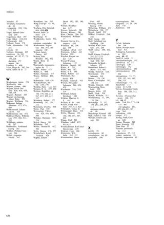 índice


Vitrubio 57               Wandelaar, Jan 203         Jakob 182, 183, 190,       Paul 443                 xenotrasplante 580
Vivarium, monasterio      Wang Tsun-po 45, 60,       258                       Wirsung, Johann           xilografía 54, 58, 136
  de 66                     521                     Werner, Bockhac-            Georg 179                Xipe 110
vivisección 183, 186,     Warburg, Otto Heinrich      ker 449                  Withering, William 234    Xipetotec 110
  212, 312                  406, 408,430            Werner, Heinrich 390       Wittenberg 168, 197
Vogel, Samuel Gott-       Warren, John Co-          Werner, Klinner 540        Witzel, Adolf 332
  lieb 248                  llins 276               West, Charles 286, 293     WOhler, Friedrich 264,
Vogelstein, Bert 597      Wartburgo 97              Westendorf, Wolfhart        280
Vogt, Oskar 410,411       Washkansky, Louis 532,      17                       Wolf, Georg 432
Volgogrado 468              533                     Western Electric Co.,      Wolf, Helmhard von        Y
Volhard, Franz 378        wásipum, conjurador 16     empresa 430                Hohberg 196              Ya'ish, Salomón
Volta, Alessandro 234,    Wassermann, August        Westfalia 46, 206          Wolfart, Karl Chris-         ibn 104
  251                       von 360, 361, 385        paz 179                    tian 257, 258            Yalow, Rosalyn Suss-
vólvulo 48                  reacción 340            Westphal, Ulrich 443       Wolff, Julius 290, 366,      man 513
Vollmer, Hermann 449      Watson, James             Wettstein, Albert 443       382                      Yamagiwa, Katsusabu-
vomitivos 16, 241           Dewey 497               Wetzlar 208                Wolff, Kaspar Friedrich      ro 388
vómitos 41, 42, 57, 73,   Watson, John              Weyden, Rogier van          201, 221,223             yang 44, 45
   175,228                  Broadus 382, 452         der 120                   Wolff-Eisner.Al-          Yasid II, califa 71
  diarreicos 272          Wazet, diosa 27           Weyer(Wierus),               fred 350, 367           yatrodemonología 142
  negros 246              WC 23                      Johannes 152              Wonnecke de Kaub ,        yatrofísica 55, 177
Voronoy, S. 490           Wearmouth, monasterio     Whistler, Daniel 182        Johann 122               yatrología 128
Vries, Hugo de 342, 344     inglés de 7!            White, A. 251              Woodward, Robert •        yatromagia 142
vulva, labios de la 21    Weber, Arthur 473         White, Ray 597              Burns 473, 491           yatromatemáticas 195
                          Weber, E. 494             White, S. S. 389           Worba, Heinrich 524       yatromecánicos 198,
                          Weber, Hermann 317        Whytt, Robert 221          Worishofen 330               224
                          Weese, Hellmut 434,       Wichmann, Ber-              balneario 330            yatroquímica 55, 77,
w                           437
                          Wehrmacht 454, 470
                                                     thold 436
                                                    Wieland, Heinrich 443
                                                                               Worms 129, 134
                                                                               Wren, Christopher 182,
                                                                                                            139, 152, 163, 180,
                                                                                                            196, 375
Wachsmann, Antón 259      Weichselbaum, An-         Wiener, Alexander            188, 371                yatroteologia 47, 142
Waffen-SS 466               tón 320, 346              Solomon 346, 456,        Wright, Almroth 420       Yaxchilán 111
Wagner, Gustav 486        Weiditz, Hans 122, 143     458                       Wuermeling, Bern-         yegua 211,212
Wagner, Reich Ger-        Weijers, H. A. 497, 498   Wiesbaden 316, 318,         hard 599                 Yersin, Alexandre Emile
 hard 434, 438, 439,      Weimar, República de       319                       Wuertz, Félix 152            Jean 108, 320, 332,
 445,454                                            Wilbrand, Johann           Wulff, Erich 538             333
Wagner, Richard 350         166, 179, 233, 243,
                            267, 437, 439, 447,       Bernhard 249             Wundt, Wilhelm 311        Yersinia (Pasteurella)
Wagner von Jauregg,                                                            Württemberg 11, 144,
 Julius Ritter 393          537                     Wilkins, Maurice H.                                    pestis 108, 332
Wagner, Wolfgang 524      Weinberg, Robert 577        F. 497                    270, 294                 yin 44, 45
Waksman, Selman           Weinsberg 262, 270,       Wilkins, R. W. 494         Wurzburgo 71, 152,        yodo 264,314,372,414
 Abraham 473, 474,          272                     Wilson, Frank Nor-           184, 281, 288, 289,        -131 491
 486                      Weismann, Charles 568      man 367, 423, 424          315                         -132 radiactivo 451,
Waldchmiedt, Johann       Weitz, Paul 550           Willendorf, Venus de 13     ordenanza médica            453,486,491, 507
 Jakob, 163               Weizsacker, Viktor        Willenegger, Hans 510       de 149                   yoga 564
Waldenstrom, Jan 473        von 428, 456, 459,      Willis, Thomas 139,        Wurzburgo, Konrad 143     yohimbina 499
Waldeyer-Hartz, Wilhelm     506                       186, 190, 191, 307,      Wyk, Judson J. Van 550    yonqui 572
 von 295, 302, 311,       Welcker, Hermann 305,      404                       Wynder, Ernest Lud-       Young, Frank Geor-
 385                        316                     Winau, Rolf 341             wig 501                     ge 449
Waldheim, palacio         Welch, Henry 363          Windaus, Adolf 415,                                  Young, Thomas 242
 de 207                   Welzheim 262                443,455                                            Yuan, dinastía 112
Waldmüller, Ferdinand     Weller, Thomas H. 482,    Windischmann, Karl Josef                             Yüan Hua 57
 Georg 361                  502                      Heronymus 249             X                         Yucatán, península
Walther, Philipp Franz    Wells, Horace 276, 277    Winkler, Cuno 486          xantén 50                    de 111
 von 266                  Wenckebach, Karel         Winternitz, Wil-           xenodoquias 60            Yugoslavia 27, 512
Waller, Augustus            Frederik 424              helm 263, 352            xenodoquios 66, 69        yunani, medicina 59
 Désiré 367               Wepfer, Johann            Wintersteiner, Osear       xenofobia 596             Yuraku, emperador 65




636
 