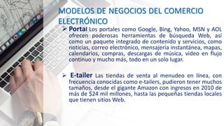 MODELOS DE NEGOCIOS DEL COMERCIO
ELECTRÓNICO
Portal Los portales como Google, Bing, Yahoo, MSN y AOL
ofrecen poderosas herramientas de búsqueda Web, así
como un paquete integrado de contenido y servicios, como
noticias, correo electrónico, mensajería instantánea, mapas,
calendarios, compras, descargas de música, video en flujo
continuo y mucho más, todo en un solo lugar.
 E-tailer Las tiendas de venta al menudeo en línea, con
frecuencia conocidas como e-tailers, pudieron tener muchos
tamaños, desde el gigante Amazon con ingresos en 2010 de
más de $24 mil millones, hasta las pequeñas tiendas locales
que tienen sitios Web.
 