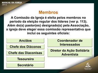 A Comissão da Igreja é eleita pelos membros no
período da eleição regular dos líderes (ver p. 113).
Além do(s) pastor(es) designado(s) pela Associação,
a igreja deve eleger essa comissão representativa que
inclui os seguintes oficiais:
Anciãos
Chefe dos Diáconos
Chefe das Diaconisas
Tesoureiro
Secretário
Coordenador de
Interessados
Diretor da Ação Solidária
Adventista
 