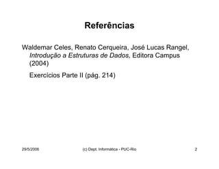 29/5/2006 (c) Dept. Informática - PUC-Rio 2
Referências
Waldemar Celes, Renato Cerqueira, José Lucas Rangel,
Introdução a Estruturas de Dados, Editora Campus
(2004)
Exercícios Parte II (pág. 214)
 
