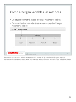 Para definir una matriz se utilizan corchetes. El tipo delante de los corchetes es el tipo que puede
almacenar cada celda de la matriz. En el caso anterior, String[] configura una matriz que almacena cadenas.
31
 