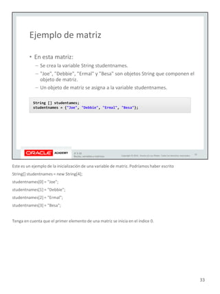 Este es un ejemplo de la inicialización de una variable de matriz. Podríamos haber escrito
String[] studentnames = new String[4];
studentnames[0] = "Joe";
studentnames[1] = "Debbie";
studentnames[2] = "Ermal";
studentnames[3] = "Besa";
Tenga en cuenta que el primer elemento de una matriz se inicia en el índice 0.
33
 