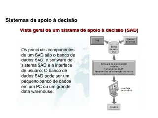 Sistemas de apoio à decisão
     Vista geral de um sistema de apoio à decisão (SAD)



     Os principais componentes
     de um SAD são o banco de
     dados SAD, o software de
     sistema SAD e a interface
     de usuário. O banco de
     dados SAD pode ser um
     pequeno banco de dados
     em um PC ou um grande
     data warehouse.
 