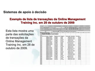 Sistemas de apoio à decisão

   Exemplo de lista de transações da Online Management
         Training Inc. em 28 de outubro de 2009

 Esta lista mostra uma
 parte das solicitações
 de transações da
 Online Management
 Training Inc. em 28 de
 outubro de 2009.
 