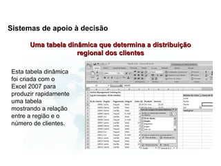 Sistemas de apoio à decisão

      Uma tabela dinâmica que determina a distribuição
                    regional dos clientes

Esta tabela dinâmica
foi criada com o
Excel 2007 para
produzir rapidamente
uma tabela
mostrando a relação
entre a região e o
número de clientes.
 