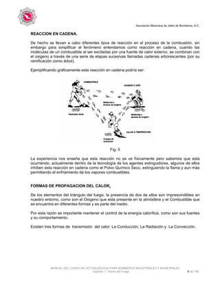 Asociación Mexicana de Jefes de Bomberos, A.C.
MANUAL DEL CURSO DE ACTUALIZACION PARA BOMBEROS INDUSTRIALES Y MUNICIPALES
Capítulo 1. Teoría del Fuego 6 de 165
REACCION EN CADENA.
De hecho se llevan a cabo diferentes tipos de reacción en el proceso de la combustión, sin
embargo para simplificar el fenómeno entendamos como reacción en cadena, cuando las
moléculas de un combustible al ser excitadas por una fuente de calor externo, se combinan con
el oxigeno a través de una serie de etapas sucesivas llamadas cadenas arborescentes (por su
ramificación como árbol).
Ejemplificando gráficamente esta reacción en cadena podría ser:
Fig. 5
La experiencia nos enseña que esta reacción no se ve físicamente pero sabemos que esta
ocurriendo, actualmente dentro de la tecnología de los agentes extinguidores, algunos de ellos
inhiben esta reacción en cadena como el Polvo Químico Seco, extinguiendo la flama y aun más
permitiendo el enfriamiento de los vapores combustibles.
FORMAS DE PROPAGACION DEL CALOR.
De los elementos del triángulo del fuego, la presencia de dos de ellos son imprescindibles en
nuestro entorno, como son el Oxigeno que esta presente en la atmósfera y el Combustible que
se encuentra en diferentes formas y es parte del medio.
Por esta razón es importante mantener el control de la energía calorífica, como son sus fuentes
y su comportamiento.
Existen tres formas de transmisión del calor: La Conducción; La Radiación y La Convección.
 