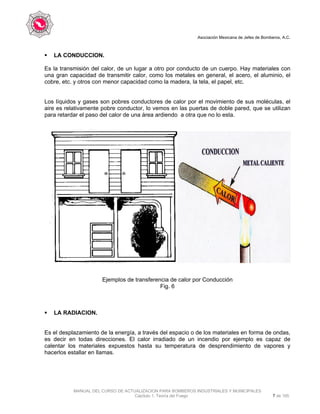 Asociación Mexicana de Jefes de Bomberos, A.C.
MANUAL DEL CURSO DE ACTUALIZACION PARA BOMBEROS INDUSTRIALES Y MUNICIPALES
Capítulo 1. Teoría del Fuego 7 de 165
LA CONDUCCION.
Es la transmisión del calor, de un lugar a otro por conducto de un cuerpo. Hay materiales con
una gran capacidad de transmitir calor, como los metales en general, el acero, el aluminio, el
cobre, etc. y otros con menor capacidad como la madera, la tela, el papel, etc.
Los líquidos y gases son pobres conductores de calor por el movimiento de sus moléculas, el
aire es relativamente pobre conductor, lo vemos en las puertas de doble pared, que se utilizan
para retardar el paso del calor de una área ardiendo a otra que no lo esta.
Ejemplos de transferencia de calor por Conducción
Fig. 6
LA RADIACION.
Es el desplazamiento de la energía, a través del espacio o de los materiales en forma de ondas,
es decir en todas direcciones. El calor irradiado de un incendio por ejemplo es capaz de
calentar los materiales expuestos hasta su temperatura de desprendimiento de vapores y
hacerlos estallar en llamas.
 