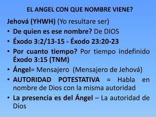 Jehová (YHWH) (Yo resultare ser)
• De quien es ese nombre? De DIOS
• Éxodo 3:2/13-15 - Éxodo 23:20-23
• Por cuanto tiempo? Por tiempo indefinido
Éxodo 3:15 (TNM)
• Ángel= Mensajero (Mensajero de Jehová)
• AUTORIDAD POTESTATIVA = Habla en
nombre de Dios con la misma autoridad
• La presencia es del Ángel – La autoridad de
Dios
EL ANGEL CON QUE NOMBRE VIENE?
 