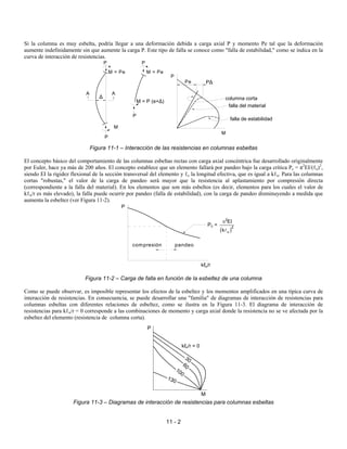 11 - 2
Si la columna es muy esbelta, podría llegar a una deformación debida a carga axial P y momento Pe tal que la deformación
aumente indefinidamente sin que aumente la carga P. Este tipo de falla se conoce como "falla de estabilidad," como se indica en la
curva de interacción de resistencias.
Figura 11-1 – Interacción de las resistencias en columnas esbeltas
El concepto básico del comportamiento de las columnas esbeltas rectas con carga axial concéntrica fue desarrollado originalmente
por Euler, hace ya más de 200 años. El concepto establece que un elemento fallará por pandeo bajo la carga crítica Pc = π2
EI/(ℓe)2
,
siendo EI la rigidez flexional de la sección transversal del elemento y ℓe la longitud efectiva, que es igual a kℓu. Para las columnas
cortas "robustas," el valor de la carga de pandeo será mayor que la resistencia al aplastamiento por compresión directa
(correspondiente a la falla del material). En los elementos que son más esbeltos (es decir, elementos para los cuales el valor de
kℓu/r es más elevado), la falla puede ocurrir por pandeo (falla de estabilidad), con la carga de pandeo disminuyendo a medida que
aumenta la esbeltez (ver Figura 11-2).
Figura 11-2 – Carga de falla en función de la esbeltez de una columna
Como se puede observar, es imposible representar los efectos de la esbeltez y los momentos amplificados en una típica curva de
interacción de resistencias. En consecuencia, se puede desarrollar una "familia" de diagramas de interacción de resistencias para
columnas esbeltas con diferentes relaciones de esbeltez, como se ilustra en la Figura 11-3. El diagrama de interacción de
resistencias para kℓu/r = 0 corresponde a las combinaciones de momento y carga axial donde la resistencia no se ve afectada por la
esbeltez del elemento (resistencia de columna corta).
Figura 11-3 – Diagramas de interacción de resistencias para columnas esbeltas
A
A
M
M = Pe
P
P
P
M = Pe
P
P
M
Pe
M = P (e+∆)
∆
P∆
columna corta
falla del material
falla de estabilidad
pandeo
compresión
P
Pc =
( )
π
A
2
2
u
EI
k
kℓu/r
30
6
0
100
130
M
P
kℓu/r = 0
 