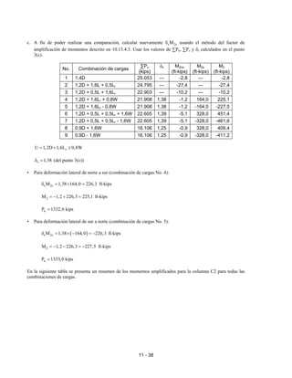 11 - 38
c. A fin de poder realizar una comparación, calcular nuevamente s 2s
M
δ usando el método del factor de
amplificación de momentos descrito en 10.13.4.3. Usar los valores de ∑Pu, ∑Pc y δs calculados en el punto
3(c).
No. Combinación de cargas
∑Pu
(kips)
δs M2ns
(ft-kips)
M2s
(ft-kips)
M2
(ft-kips)
1 1,4D 25.053 --- -2,8 --- -2,8
2 1,2D + 1,6L + 0,5Lr 24.795 --- -27,4 --- -27,4
3 1,2D + 0,5L + 1,6Lr 22.903 --- -10,2 --- -10,2
4 1,2D + 1,6Lr + 0,8W 21.908 1,38 -1,2 164,0 225,1
5 1,2D + 1,6Lr - 0,8W 21.908 1,38 -1,2 -164,0 -227,5
6 1,2D + 0,5L + 0,5Lr + 1,6W 22.605 1,39 -5,1 328,0 451,4
7 1,2D + 0,5L + 0,5Lr - 1,6W 22.605 1,39 -5,1 -328,0 -461,6
8 0,9D + 1,6W 16.106 1,25 -0,9 328,0 409,4
9 0,9D - 1,6W 16.106 1,25 -0,9 -328,0 -411,2
r
U 1,2D 1,6L 0,8W
= + ±
s 1,38
δ = (del punto 3(c))
• Para deformación lateral de norte a sur (combinación de cargas No. 4):
s 2s
M 1,38 164,0 226,3
δ = × = ft-kips
2
M 1,2 226,3 225,1
= − + = ft-kips
u
P 1332,6 kips
=
• Para deformación lateral de sur a norte (combinación de cargas No. 5):
( )
s 2s
M 1,38 164,0 226,3
δ = × − = − ft-kips
2
M 1,2 226,3 227,5
= − − = − ft-kips
u
P 1333,0 kips
=
En la siguiente tabla se presenta un resumen de los momentos amplificados para la columna C2 para todas las
combinaciones de cargas.
 