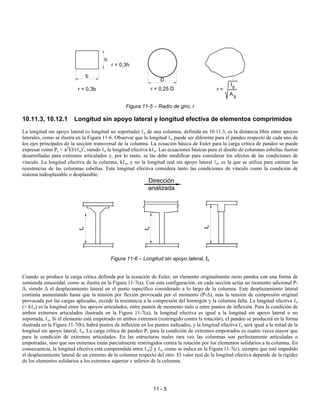 11 - 5
Figura 11-5 – Radio de giro, r
10.11.3, 10.12.1 Longitud sin apoyo lateral y longitud efectiva de elementos comprimidos
La longitud sin apoyo lateral (o longitud no soportada) ℓu de una columna, definida en 10.11.3, es la distancia libre entre apoyos
laterales, como se ilustra en la Figura 11-6. Observar que la longitud ℓu puede ser diferente para el pandeo respecto de cada uno de
los ejes principales de la sección transversal de la columna. La ecuación básica de Euler para la carga crítica de pandeo se puede
expresar como Pc = π2
EI/(ℓe)2
, siendo ℓe la longitud efectiva kℓu. Las ecuaciones básicas para el diseño de columnas esbeltas fueron
desarrolladas para extremos articulados y, por lo tanto, se las debe modificar para considerar los efectos de las condiciones de
vínculo. La longitud efectiva de la columna, kℓu, y no la longitud real sin apoyo lateral ℓu, es la que se utiliza para estimar las
resistencias de las columnas esbeltas. Esta longitud efectiva considera tanto las condiciones de vínculo como la condición de
sistema indesplazable o desplazable.
Figura 11-6 – Longitud sin apoyo lateral, ℓu
Cuando se produce la carga crítica definida por la ecuación de Euler, un elemento originalmente recto pandea con una forma de
semionda sinusoidal, como se ilustra en la Figura 11-7(a). Con esta configuración, en cada sección actúa un momento adicional P-
∆, siendo ∆ el desplazamiento lateral en el punto específico considerado a lo largo de la columna. Este desplazamiento lateral
continúa aumentando hasta que la tensión por flexión provocada por el momento (P-∆), más la tensión de compresión original
provocada por las cargas aplicadas, excede la resistencia a la compresión del hormigón y la columna falla. La longitud efectiva ℓe
(= kℓu) es la longitud entre los apoyos articulados, entre puntos de momento nulo o entre puntos de inflexión. Para la condición de
ambos extremos articulados ilustrada en la Figura 11-7(a), la longitud efectiva es igual a la longitud sin apoyo lateral o no
soportada, ℓu. Si el elemento está empotrado en ambos extremos (restringido contra la rotación), el pandeo se producirá en la forma
ilustrada en la Figura 11-7(b); habrá puntos de inflexión en los puntos indicados, y la longitud efectiva ℓe será igual a la mitad de la
longitud sin apoyo lateral, ℓu. La carga crítica de pandeo Pc para la condición de extremos empotrados es cuatro veces mayor que
para la condición de extremos articulados. En las estructuras reales rara vez las columnas son perfectamente articuladas o
empotradas, sino que sus extremos están parcialmente restringidos contra la rotación por los elementos solidarios a la columna. En
consecuencia, la longitud efectiva está comprendida entre ℓu/2 y ℓu, como se indica en la Figura 11-7(c), siempre que esté impedido
el desplazamiento lateral de un extremo de la columna respecto del otro. El valor real de la longitud efectiva depende de la rigidez
de los elementos solidarios a los extremos superior e inferior de la columna.
b
h
r = 0,3b r = 0,25 D
r = 0,3h
D
r =
I
Ag
g
Dirección
analizada
ℓ
u
ℓ
u
ℓ
u
 