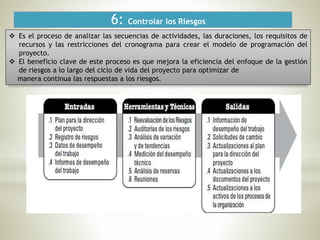 6: Controlar los Riesgos
 Es el proceso de analizar las secuencias de actividades, las duraciones, los requisitos de
recursos y las restricciones del cronograma para crear el modelo de programación del
proyecto.
 El beneficio clave de este proceso es que mejora la eficiencia del enfoque de la gestión
de riesgos a lo largo del ciclo de vida del proyecto para optimizar de
manera continua las respuestas a los riesgos.
 