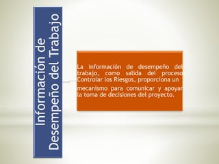 Informaciónde
DesempeñodelTrabajo
La información de desempeño del
trabajo, como salida del proceso
Controlar los Riesgos, proporciona un
mecanismo para comunicar y apoyar
la toma de decisiones del proyecto.
 