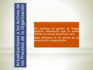 ActualizacionesalosActivosde
losProcesosdelaOrganización
Los procesos de gestión de riesgos
generan información que se puede
utilizar en futuros proyectos y que
debe reflejarse en los activos de los
procesos de la organización
 