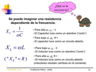 ¿Qué es la
                                                   reactancia?

  Se puede imaginar una resistencia
   dependiente de la frecuencia.
             1            • Para alta ω, χC ~ 0
XC                        - El Capacitor luce como un alambre (“corto”)
             C            • Para baja ω, χC ∞
                          - El capacitor luce como un circuito abierto

XL                  L      • Para baja ω, χL ~ 0
                           - El inductor luce como un alambre (“corto”)
                           • Para alta ω, χL∞
( " XR " R )               - El inductor luce como un circuito abierto
                           (inductores resisten cambios en la corriente)

 07/08/2009 10:46       FLORENCIO PINELA - ESPOL                           22
 