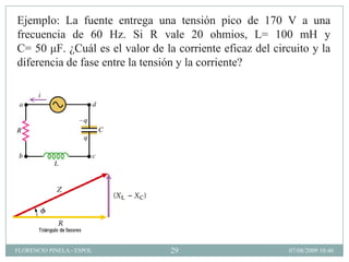 Ejemplo: La fuente entrega una tensión pico de 170 V a una
frecuencia de 60 Hz. Si R vale 20 ohmios, L= 100 mH y
C= 50 μF. ¿Cuál es el valor de la corriente eficaz del circuito y la
diferencia de fase entre la tensión y la corriente?




FLORENCIO PINELA - ESPOL         29                        07/08/2009 10:46
 