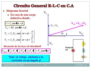        Diagrama fasorial
                                            VL
           En caso de una carga

            inductiva donde.
     I     I o cos t                                            VR +VL +VC
                                                   VL +VC
     VR     RI o cos t

     VC     I o X C cos     t                               I          VR
                                  2
     VL     I o X L cos    t
                                  2
                                                   VC
  Recuerde de las leyes de Kirchhoff
VTotal t      VL t        VR t   Vc t   Vo cos t

          Note: el voltaje adelanta a la
            corriente en un ángulo
  FLORENCIO PINELA - ESPOL                  31                    07/08/2009 10:46
 