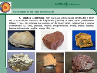 CAPÍTULO La Geosfera
Clasificación de las rocas sedimentarias
A. Clástica o Detríticas.- Son las rocas sedimentarias constituidas a partir
de la acumulación mecánica de fragmentos (detritos) de otras rocas preexistentes
(clasto = roto). Las mismas que pueden ser de origen ígneo, metamórfico o incluso
sedimentario. Ej.: lutita, arenisca, limonita, conglomerados, arcosa, brecha, lodolita,
brecha sedimentaria, argilita, marga, tillita, etc.

 