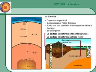 CAPÍTULO La Geosfera

La Corteza
A T M ÓS F E R A

0 km
100
300

CO RTEZA

1 .0 0 0 k m

M A N TO
2 .0 0 0 k m

2 .9 0 0 k m

- Capa más superficial.
- Compuesta por rocas distintas.
- Junto con una parte del manto superior forma la
litosfera.
- Se distinguen:
- La corteza (litosfera) continental (gruesa).
- La corteza (litosfera) oceánica (fina).
C o rte z a
co ntine nta l

3 .0 0 0 k m

C o rte z a o ce ánica

N ÚC L E O

M anto superior
5 .1 2 0 k m

5 .0 0 0 k m

6 .0 0 0 k m
6 .3 7 0 k m

Astenosfera

 