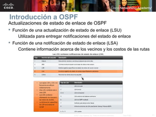 11© 2007 Cisco Systems, Inc. Todos los derechos reservados. Cisco Public
Introducción a OSPF
Actualizaciones de estado de enlace de OSPF
 Función de una actualización de estado de enlace (LSU)
Utilizada para entregar notificaciones del estado de enlace
 Función de una notificación de estado de enlace (LSA)
Contiene información acerca de los vecinos y los costos de las rutas
 