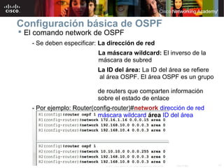 17© 2007 Cisco Systems, Inc. Todos los derechos reservados. Cisco Public
Configuración básica de OSPF
 El comando network de OSPF
- Se deben especificar: La dirección de red
La máscara wildcard: El inverso de la
máscara de subred
La ID del área: La ID del área se refiere
al área OSPF. El área OSPF es un grupo
de routers que comparten información
sobre el estado de enlace
- Por ejemplo: Router(config-router)#network dirección de red
máscara wildcard área ID del área
 