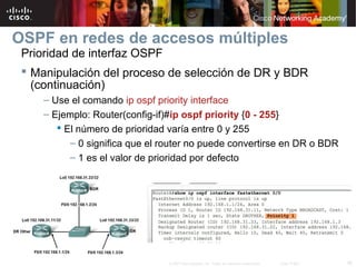 38© 2007 Cisco Systems, Inc. Todos los derechos reservados. Cisco Public
OSPF en redes de accesos múltiples
Prioridad de interfaz OSPF
 Manipulación del proceso de selección de DR y BDR
(continuación)
– Use el comando ip ospf priority interface
– Ejemplo: Router(config-if)#ip ospf priority {0 - 255}
 El número de prioridad varía entre 0 y 255
– 0 significa que el router no puede convertirse en DR o BDR
– 1 es el valor de prioridad por defecto
 