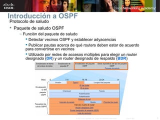 8© 2007 Cisco Systems, Inc. Todos los derechos reservados. Cisco Public
Introducción a OSPF
Protocolo de saludo
 Paquete de saludo OSPF
– Función del paquete de saludo
 Detectar vecinos OSPF y establecer adyacencias
 Publicar pautas acerca de qué routers deben estar de acuerdo
para convertirse en vecinos
 Utilizado por redes de accesos múltiples para elegir un router
designado (DR) y un router designado de respaldo (BDR)
 