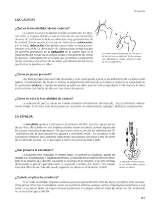 Ortopedia


LAS CADERAS

¿Qué es la inestabilidad de las caderas?
       La cadera es una articulación de bola-receptáculo. En algu-
nas niñas y mujeres, debido a que el músculo tira excesivamente
durante el crecimiento, la bola va saliéndose muy gradualmente de
la cavidad. Si esta separación es parcial, la llamamos subluxación;
y si es total, dislocación. Esto puede causar dolor en épocas pos-
teriores de la vida. La dislocación de cadera puede producirse por
un aumento persistente de la adducción de la cadera (que es el
                                                                               La cadera normal (izquierda) es una articu-
movimiento del muslo hacia la línea media o movimiento de cerrar               lación de bola-receptáculo. En la subluxa-
las piernas), particularmente en la niña que no camina. La liberación          ción (derecha), la cadera comienza a salir-
de los músculos adductores de la cadera y la eliminación del nervio            se de su alojamiento.
que los inerva pueden ser útiles.


¿Cómo se puede prevenir?
       Una posición adecuada en la silla de ruedas y en la cama puede ayudar si los adductores de la cadera están
rígidos. El estiramiento, las férulas o incluso el alargamiento del músculo con miras a mantener la capacidad de
la cadera para abducir, o separar las piernas pueden ser útiles, pero no está comprobado. En la práctica, la clave
está en tomar conciencia de ello y en una detección precoz.


¿Cómo se trata la inestabilidad de cadera?
     La subluxación precoz puede ser tratada mediante estiramientos del músculo, un procedimiento relativa-
mente simple. Si se trata, más tarde puede ser necesario un realineamiento quirúrgico del hueso u osteotomía.


LA ESPALDA

       La escoliosis aparece a menudo en el síndrome de Rett. Las tres cuartas partes
de las niñas SR incluidas en tres amplios estudios tenían escoliosis, aunque algunas de
las curvas eran poco importantes. Por qué ocurre esto es uno de los misterios del SR
-esperamos que la investigación nos ayudará a entenderlo mejor-. La escoliosis se da
cuando las vértebras de la columna rotan desde una postura casi recta a otra en forma
de escalera de caracol. Se ve por rayos X como una curva de lado a lado.


¿Qué provoca la escoliosis?
      La columna tiene músculos en ambos lados. En general, la escoliosis, puede ser
debida a un tono muscular o equilibrio anormales. El músculo tira de manera diferente de un
lado de la columna que del otro, causando la curvatura de la columna. Este tirón anormal         La diferente tensión muscu-
del músculo se produce probablemente en respuesta a señales del cerebro. Una tensión             lar en ambos lados puede
muscular diferente en cada lado puede originar la escoliosis en el Síndrome de Rett.             causar escoliosis.



¿Cuándo empieza la escoliosis?
      Si se ha de desarrollar, empieza a notarse una curva generalmente entre los nueve y los doce años de edad.
Unas pocas niñas han desarrollado curvas en la primera infancia, aunque no han empeorado rápidamente a esa
edad. La escoliosis debe ser inspeccionada visualmente a cualquier edad en todas las niñas con SR. A menudo
no se necesitan placas de RX.

                                                                                                                        161
 