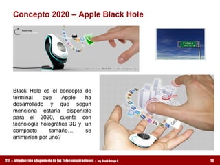 Concepto 2020 – Apple Black Hole 




     Black  Hole  es  el  concepto  de 
     terminal  que  Apple  ha 
     desarrollado  y  que  según 
     menciona  estaría  disponible 
     para  el  2020,  cuenta  con 
     tecnología holográfica 3D y  un 
     compacto       tamaño…         se 
     animarían por uno?



ITEL – Introducción a Ingeniería de las Telecomunicaciones ­   Ing. David Ortega G.   10
 