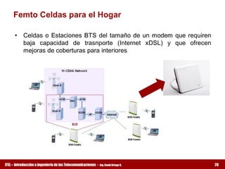 Femto Celdas para el Hogar 

      •  Celdas  o  Estaciones  BTS  del  tamaño  de  un  modem  que  requiren 
         baja  capacidad  de  trasnporte  (Internet  xDSL)  y  que  ofrecen 
         mejoras de coberturas para interiores




ITEL – Introducción a Ingeniería de las Telecomunicaciones ­   Ing. David Ortega G.   20
 