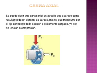 Se puede decir que carga axial es aquella que aparece como
resultante de un sistema de cargas, misma que transcurre por
el eje centroidal de la sección del elemento cargado, ya sea
en tensión o compresión.

 