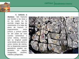 CAPÍTULO Geodinámica interna

C. Junturas o
diaclasas.- Son fracturas
que dividen a las rocas y
en las cuales no ha
ocurrido ningún tipo de
movimiento a lo largo del
plano de fractura. El
espaciamiento
entre
juntura y juntura puede
ser del orden de unos
cuantos centímetros a
varios metros, mientras
que su longitud puede
variar desde unos metros a
varios cientos de metros.
Por su disposición espacial
geométrica pueden ser:
paralelos,
en
ángulo,
ortogonales,
anulares,
radiales y poligonales.

 