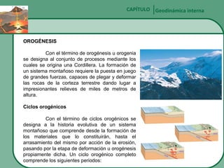 CAPÍTULO Geodinámica interna

OROGÉNESIS
Con el término de orogénesis u orogenia
se designa al conjunto de procesos mediante los
cuales se origina una Cordillera. La formación de
un sistema montañoso requiere la puesta en juego
de grandes fuerzas, capaces de plegar y deformar
las rocas de la corteza terrestre dando lugar a
impresionantes relieves de miles de metros de
altura.
Ciclos orogénicos
Con el término de ciclos orogénicos se
designa a la historia evolutiva de un sistema
montañoso que comprende desde la formación de
los materiales que lo constituirán, hasta el
arrasamiento del mismo por acción de la erosión,
pasando por la etapa de deformación u orogénesis
propiamente dicha. Un ciclo orogénico completo
comprende los siguientes periodos:

 