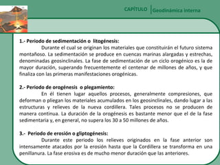 CAPÍTULO Geodinámica interna

1.- Periodo de sedimentación o litogénesis:
Durante el cual se originan los materiales que constituirán el futuro sistema
montañoso. La sedimentación se produce en cuencas marinas alargadas y estrechas,
denominadas geosinclinales. La fase de sedimentación de un ciclo orogénico es la de
mayor duración, superando frecuentemente el centenar de millones de años, y que
finaliza con las primeras manifestaciones orogénicas.
2.- Periodo de orogénesis o plegamiento:
En él tienen lugar aquellos procesos, generalmente compresiones, que
deforman o pliegan los materiales acumulados en los geosinclinales, dando lugar a las
estructuras y relieves de la nueva cordillera. Tales procesos no se producen de
manera continua. La duración de la orogénesis es bastante menor que el de la fase
sedimentaria y, en general, no supera los 30 a 50 millones de años.
3.- Periodo de erosión o gliptogénesis:
Durante este periodo los relieves originados en la fase anterior son
intensamente atacados por la erosión hasta que la Cordillera se transforma en una
penillanura. La fase erosiva es de mucho menor duración que las anteriores.

 