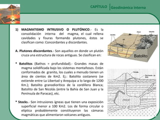 CAPÍTULO Geodinámica interna

1) MAGMATISMO INTRUSIVO O PLUTÓNICO.- Es la
consolidación interna del magma, el cual rellena
cavidades y fisuras formando plutones, éstos se
clasifican como: Concordantes y discordantes.
A. Plutones discordantes.- Son aquellos en donde un plutón
cruza una estructura de rocas antiguas. Se clasifican en:
* Batolitos (Bathos = profundidad).- Grandes masas de
magma solidificada bajo los sistemas montañosos. Están
conformados de granito, los cuales a menudo tienen un
área de cientos de Km2. Ej.: Batolito costanero (se
extiende entre La Libertad y Arequipa a lo largo de 1200
Km.); Batolito granodiorítico de la cordillera Blanca;
Batolito de San Nicolás (entre la Bahía de San Juan y la
Península de Paracas), etc.
* Stocks.- Son intrusiones ígneas que tienen una exposición
superficial menor a 100 Km2. Los de forma circular o
elíptica probablemente constituyeron las cámaras
magmáticas que alimentaron volcanes antiguos.

Batolito

 