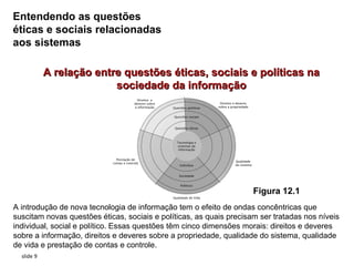 Entendendo as questões
éticas e sociais relacionadas
aos sistemas

            A relação entre questões éticas, sociais e políticas na
                          sociedade da informação




                                                                     Figura 12.1
A introdução de nova tecnologia de informação tem o efeito de ondas concêntricas que
suscitam novas questões éticas, sociais e políticas, as quais precisam ser tratadas nos níveis
individual, social e político. Essas questões têm cinco dimensões morais: direitos e deveres
sobre a informação, direitos e deveres sobre a propriedade, qualidade do sistema, qualidade
de vida e prestação de contas e controle.
  slide 9
 