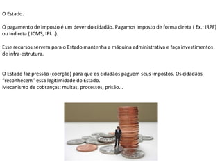 O Estado.
O pagamento de imposto é um dever do cidadão. Pagamos imposto de forma direta ( Ex.: IRPF)
ou indireta ( ICMS, IPI...).
Esse recursos servem para o Estado mantenha a máquina administrativa e faça investimentos
de infra-estrutura.
O Estado faz pressão (coerção) para que os cidadãos paguem seus impostos. Os cidadãos
“reconhecem” essa legitimidade do Estado.
Mecanismo de cobranças: multas, processos, prisão...
 