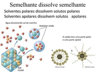 Semelhante dissolve semelhante
Solventes polares dissolvem solutos polares
Solventes apolares dissolvem solutos apolares
O sabão tem uma parte polar
e uma parte apolar
Água dissolvendo sal de cozinha
 