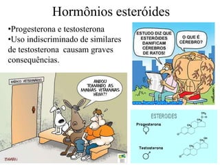 Hormônios esteróides
•Progesterona e testosterona
•Uso indiscriminado de similares
de testosterona causam graves
consequências.
 