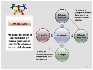 23
Proceso de guiar el
aprendizaje en
pasos graduados,
mediante el uso o
no uso del efuerzo.
MOLDEAR
Moldeado
Refuerzo
Positivo
Refuerzo
Negativo
Castigo
Extinción
Fortalece el
comportamiento
deseado y la
repetición del
mismo.
Debilita el
comportamiento
indeseable y su
frecuencia.
 