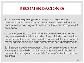 RECOMENDACIONES
28
1. Es necesario que el gerente provea una explicación
adecuada, una predicción temprana y una buena influencia
como modelo para lograr el comportamiento que se espera del
empleado.
2. Como gerente, se debe tomar en cuenta la actitud de los
empleados a la hora de tomar decisiones. Esto les hará sentirse
parte del equipo y lograran de esta manera satisfacción laboral,
mayor participación y un gran compromiso con la organización.
3. El gerente debería conocer su tipo de personalidad y las de
sus empleados, esto le ayudará a un mejor entendimiento y a
poder colocar mejor su personal de forma más efectiva para la
empresa.
 